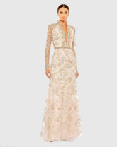 Pink Queen Anne Lace Long Sleeve V-Neck Trumpet  Gown